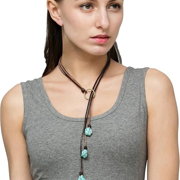 Bohemian Synthetic Turquoise Necklace Handmade Vintage Y-shaped Jewelry with Gen - Picture 2 of 8